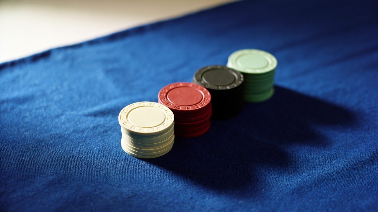 Four short stacks of plain clay casino chips in different colours standing on blue casino felt