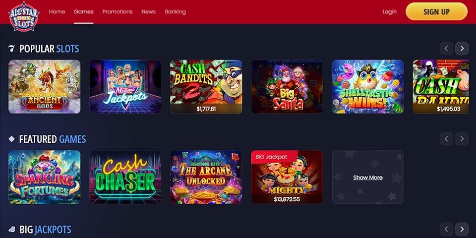 All Star Slots lobby showing Popular Slots and Big Jackpots rows with live running jackpot totals