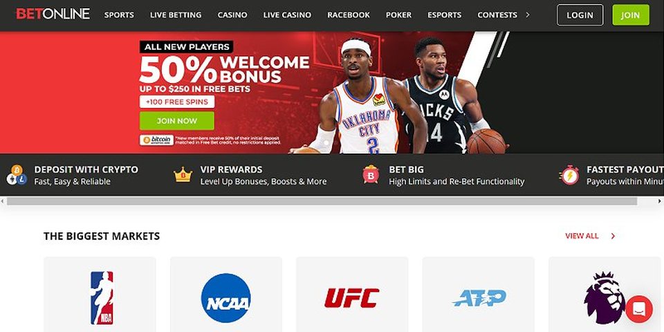 BetOnline promotions page showing a 50% welcome bonus up to $250 in free bets plus 100 free spins for new players