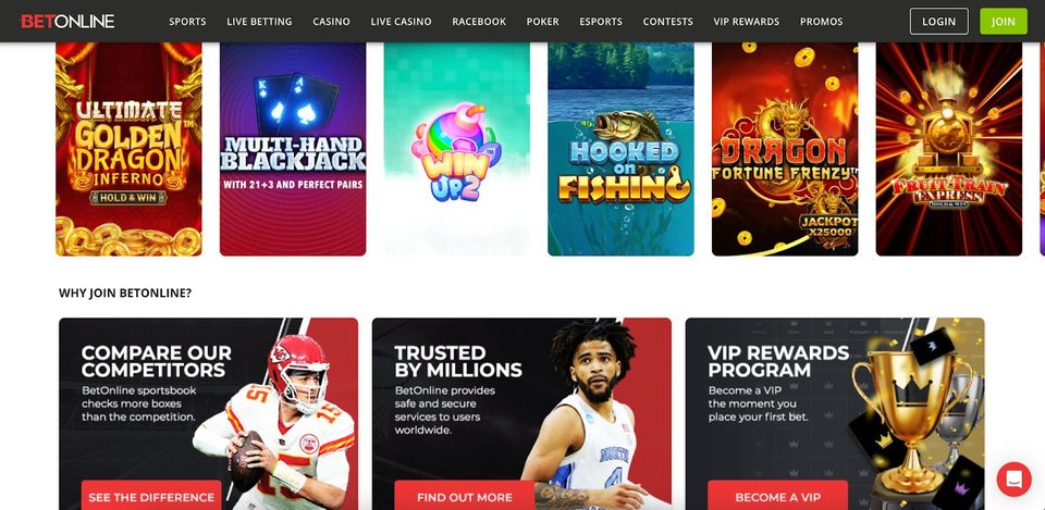 BetOnline casino lobby with slot tiles and the Why Join BetOnline panels for competitor comparison, trust and VIP rewards