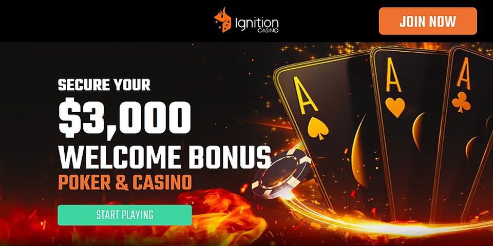 Ignition Casino welcome bonus page advertising a $3,000 poker and casino welcome bonus