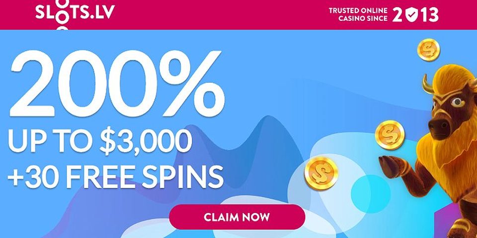 Slots.lv welcome bonus page showing a 200% match up to $3,000 plus 30 free spins with a Claim Now button