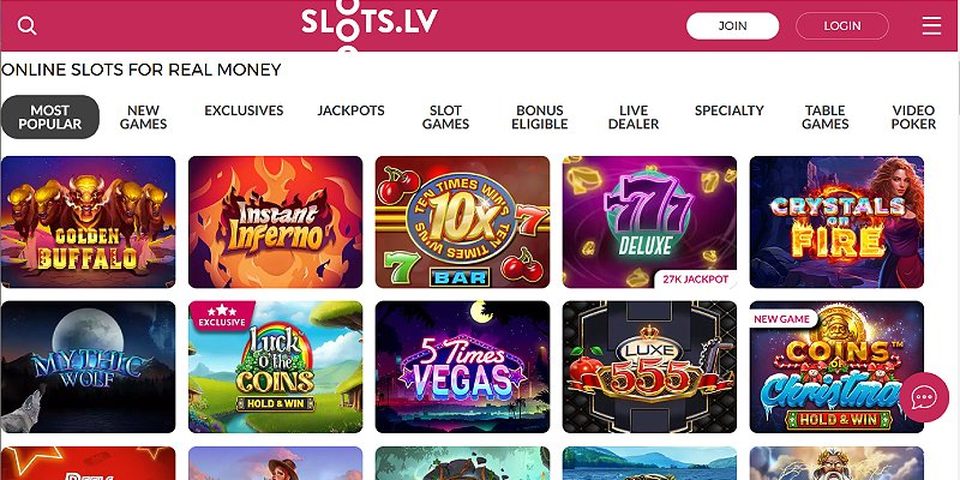 Slots.lv real money slots lobby with the Most Popular, Jackpots, Bonus Eligible and Live Dealer filter tabs