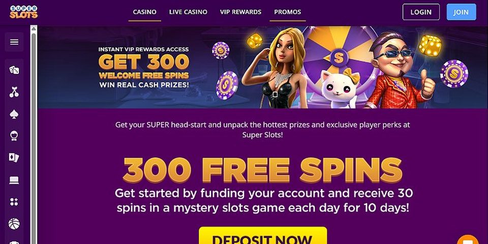 Super Slots promotions page advertising 300 welcome free spins delivered as 30 spins per day for ten days