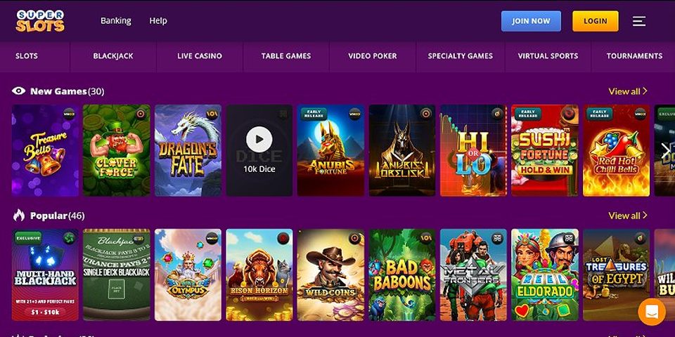 Super Slots lobby with the Slots, Blackjack, Live Casino, Table Games and Video Poker tabs above the New Games and Popular rows